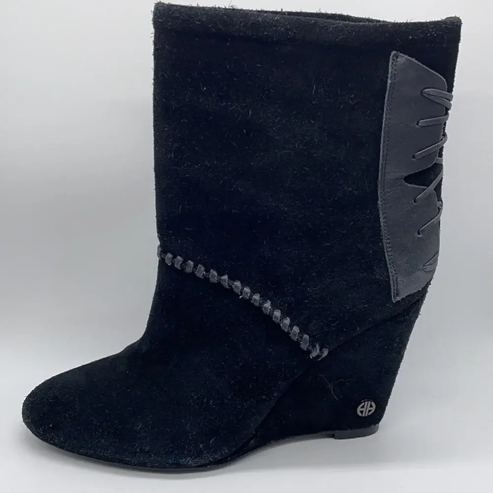𝅺House of Harlow Sahara Black Suede Leather Lace Up Wedge Boots SZ 40 9.5